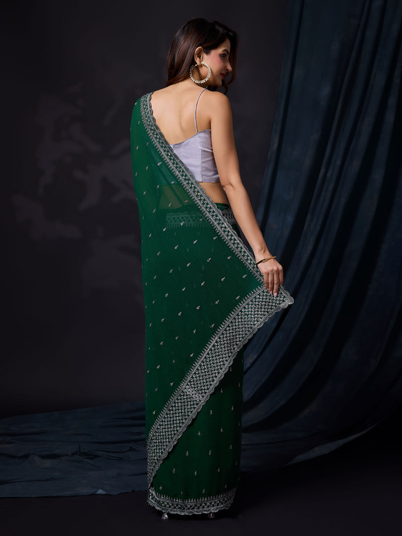 Women's Darkgreen Vichitra Silk Embroidery Work Saree with Unstitch Blouse Piece