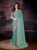 Women's Grey Rangoli Silk Embroidery Saree with Net Sequin work Blouse Piece