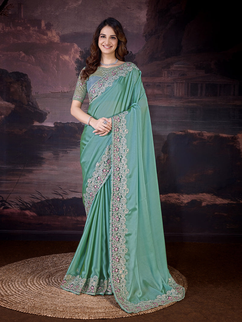 Women's Grey Rangoli Silk Embroidery Saree with Net Sequin work Blouse Piece