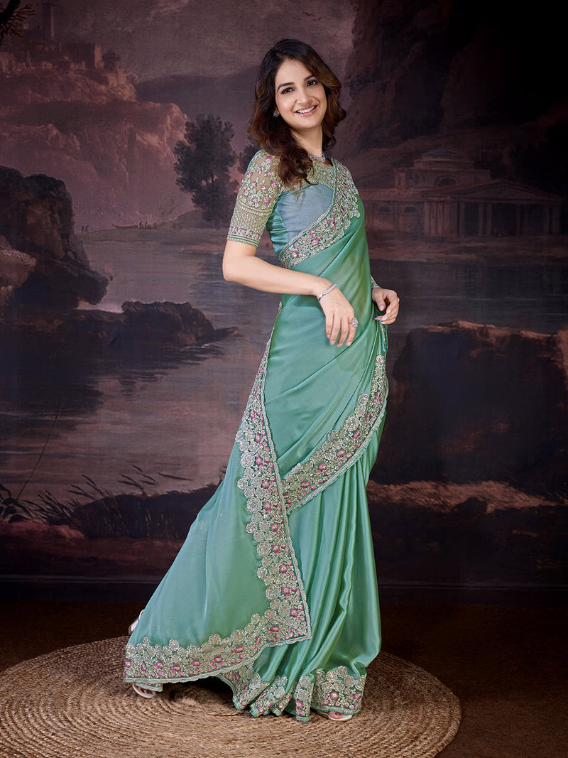 Women's Grey Rangoli Silk Embroidery Saree with Net Sequin work Blouse Piece