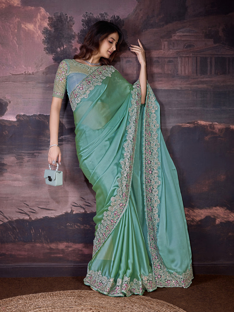 Women's Grey Rangoli Silk Embroidery Saree with Net Sequin work Blouse Piece