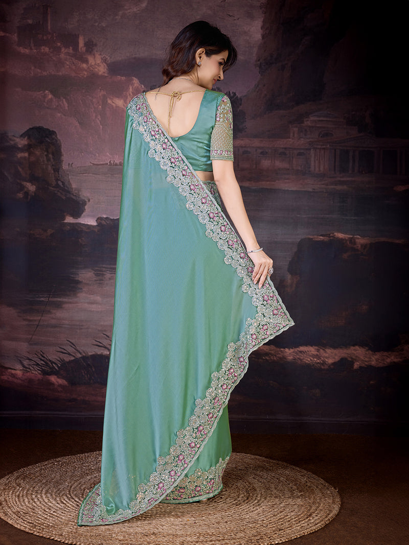 Women's Grey Rangoli Silk Embroidery Saree with Net Sequin work Blouse Piece