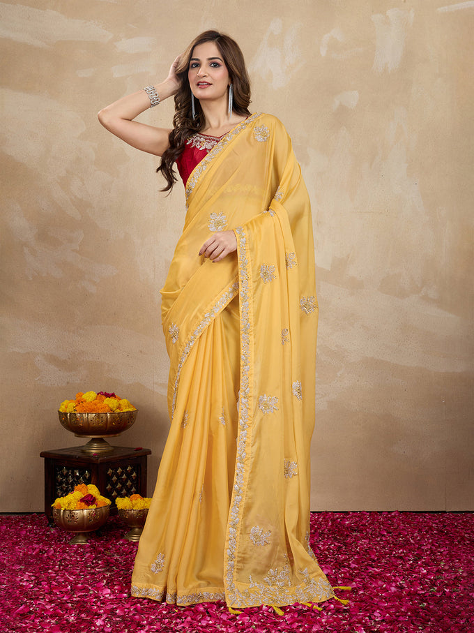 Women Yellow Silk Embroidery Work Saree with Blouse Piece Trendmalls