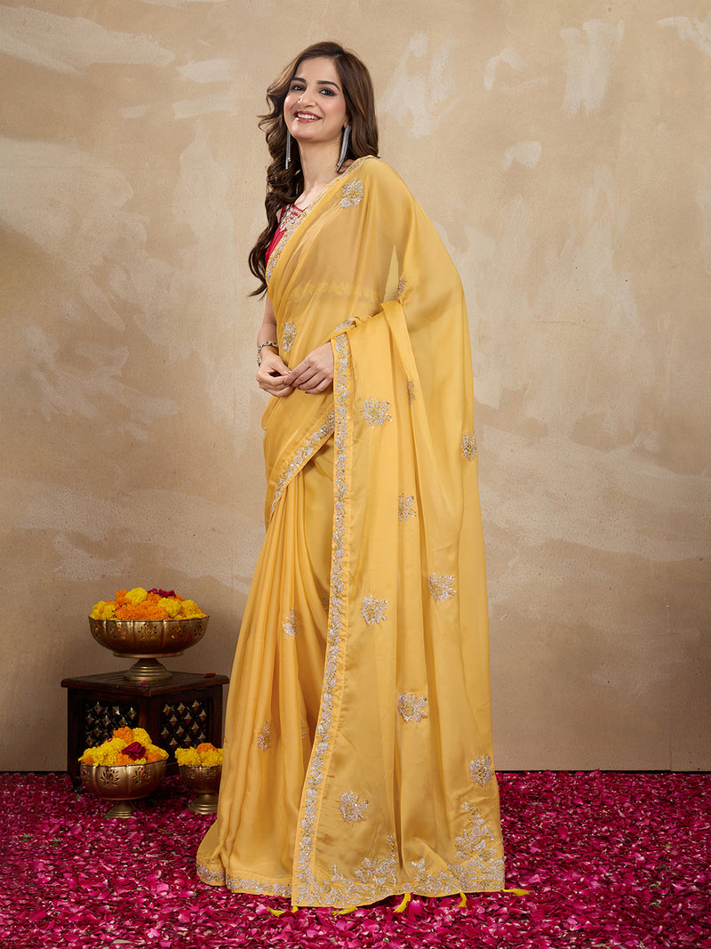 Women Yellow Silk Embroidery Work Saree with Blouse Piece