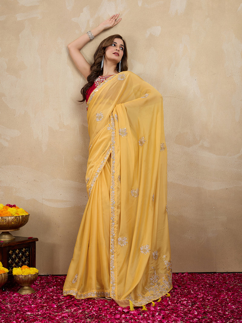 Women Yellow Silk Embroidery Work Saree with Blouse Piece