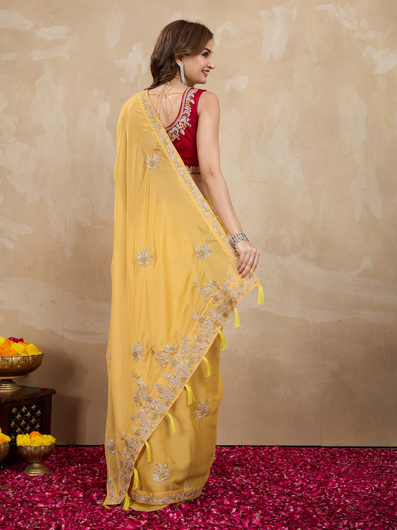 Women Yellow Silk Embroidery Work Saree with Blouse Piece