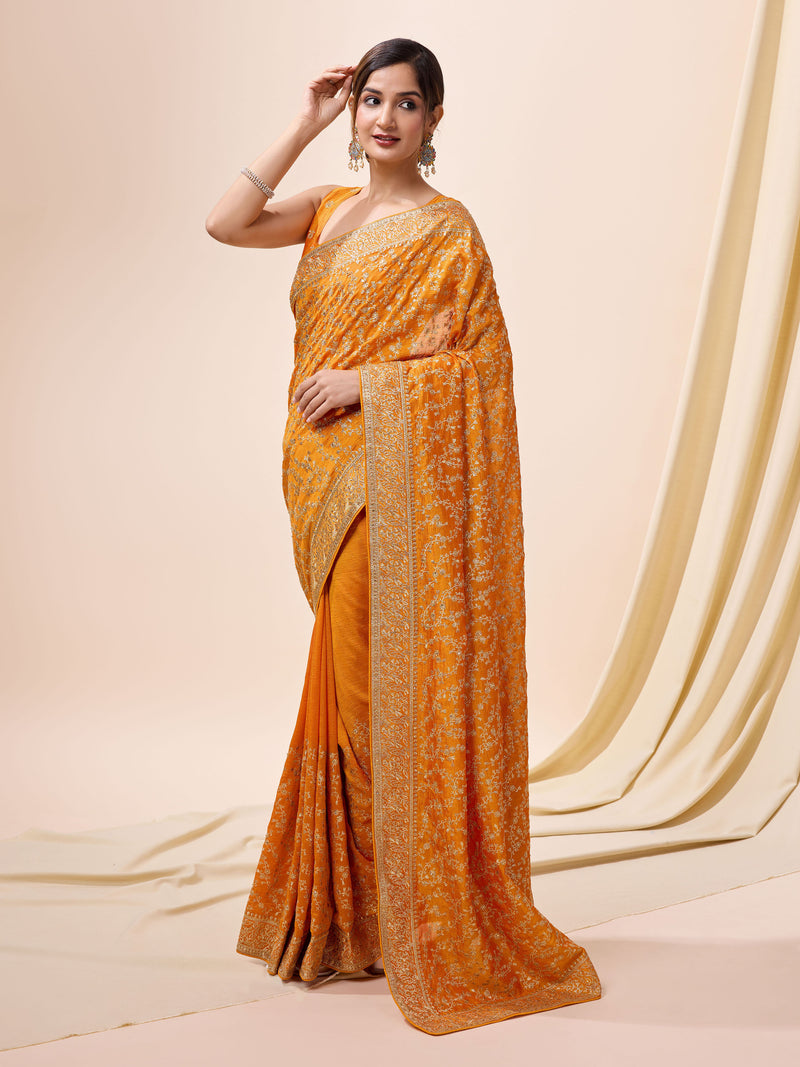 Women Orange Silk Embroidery Work Saree with Blouse Piece