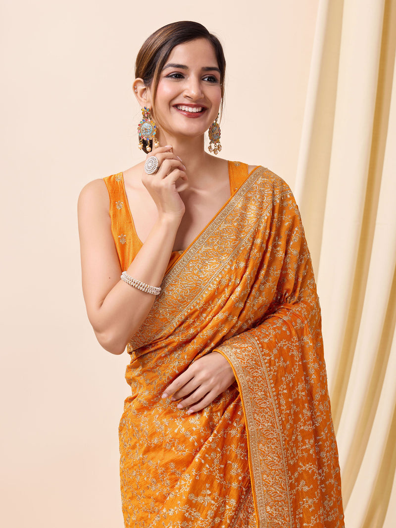 Women Orange Silk Embroidery Work Saree with Blouse Piece