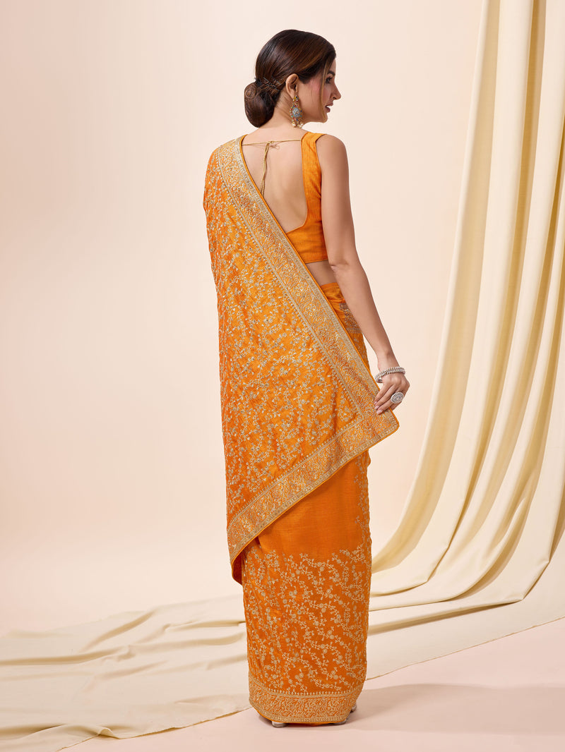 Women Orange Silk Embroidery Work Saree with Blouse Piece