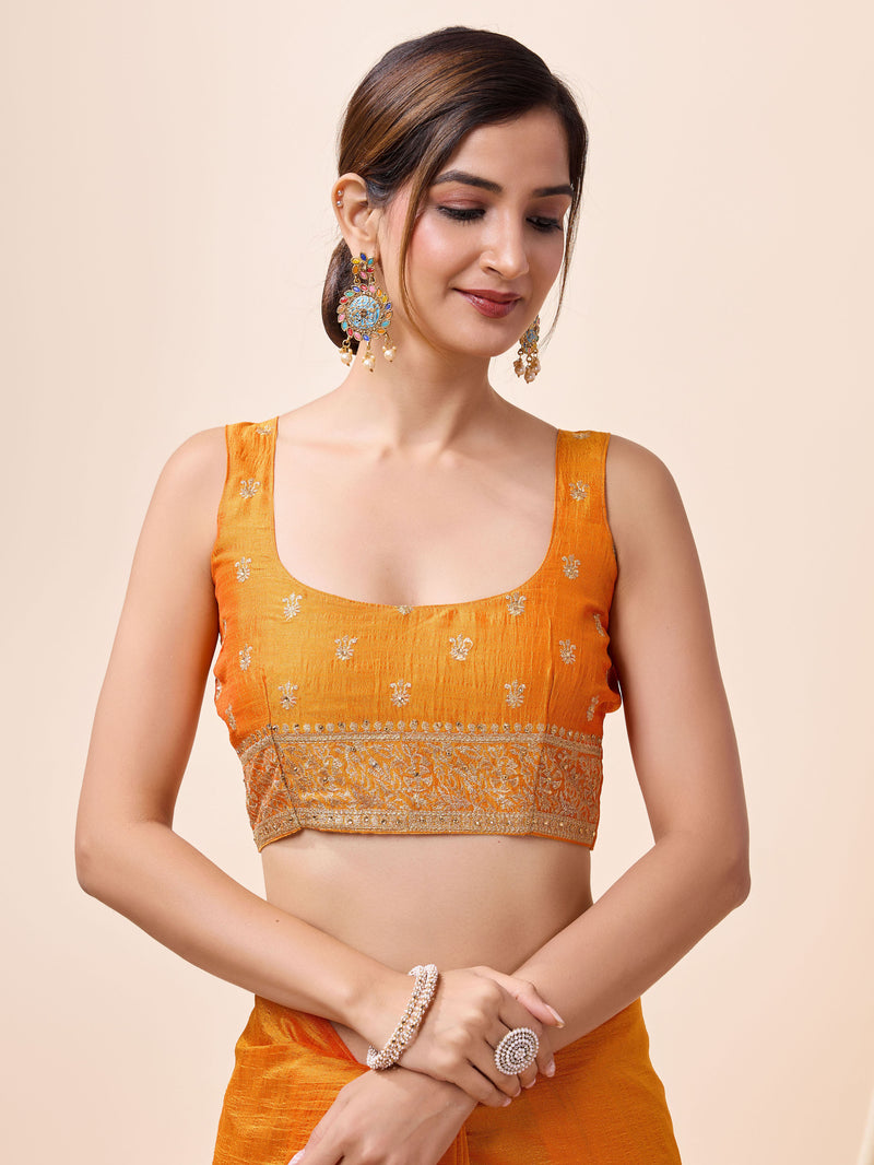 Women Orange Silk Embroidery Work Saree with Blouse Piece