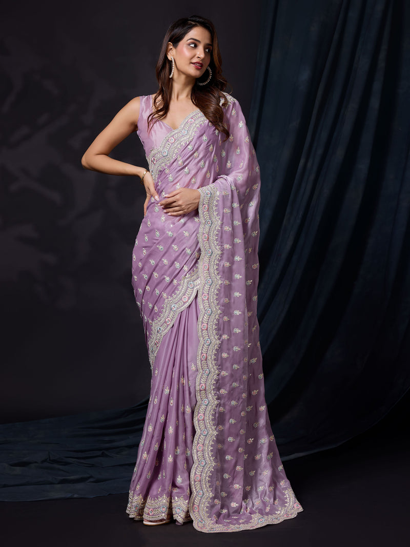 Women Satin Silk Embroidery Work Saree with Blouse Piece
