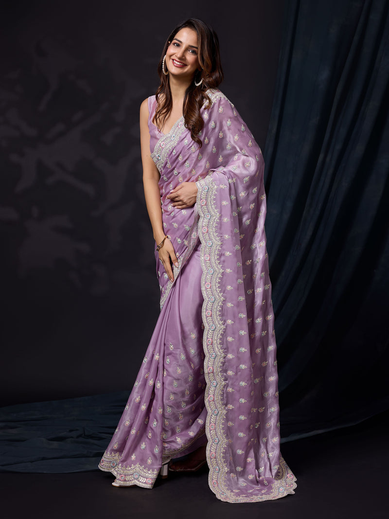Women Satin Silk Embroidery Work Saree with Blouse Piece