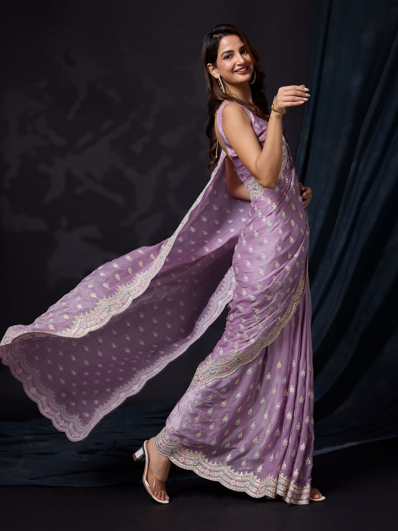 Women Satin Silk Embroidery Work Saree with Blouse Piece
