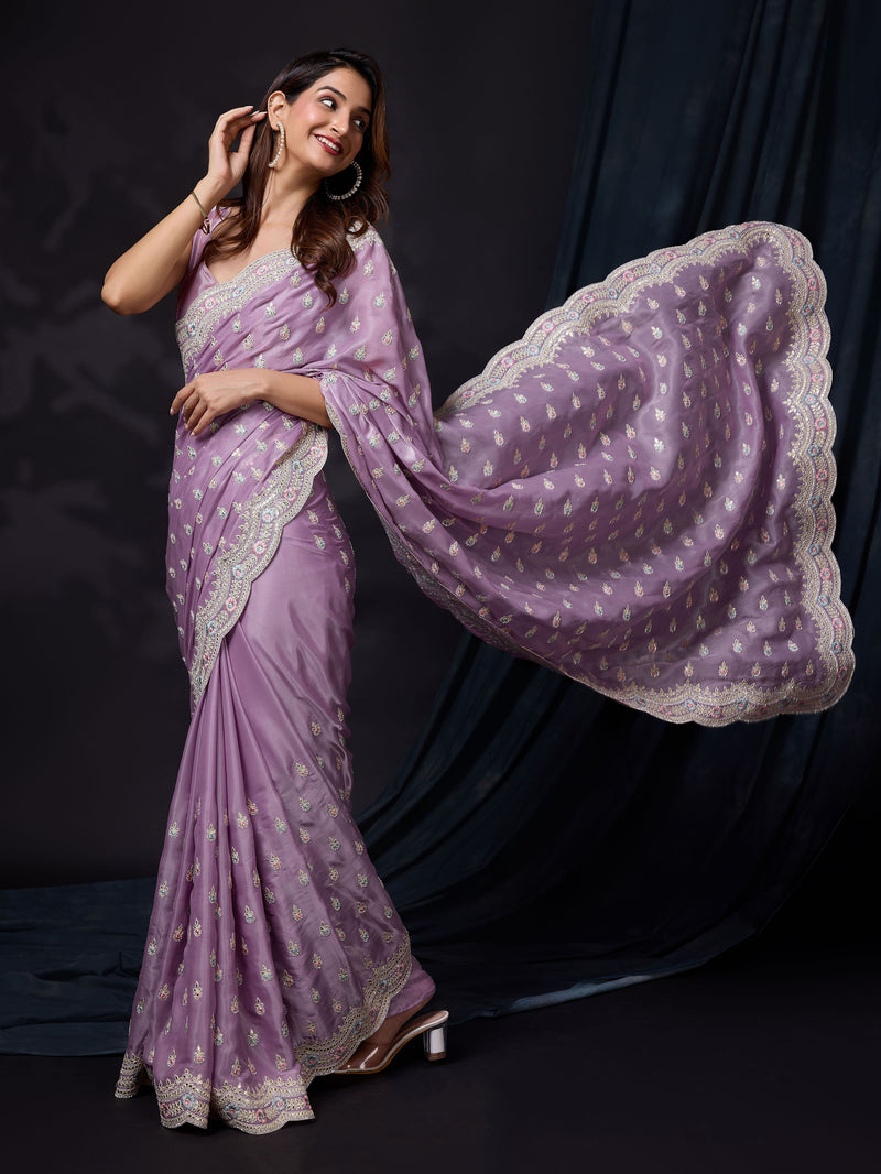 Women Satin Silk Embroidery Work Saree with Blouse Piece