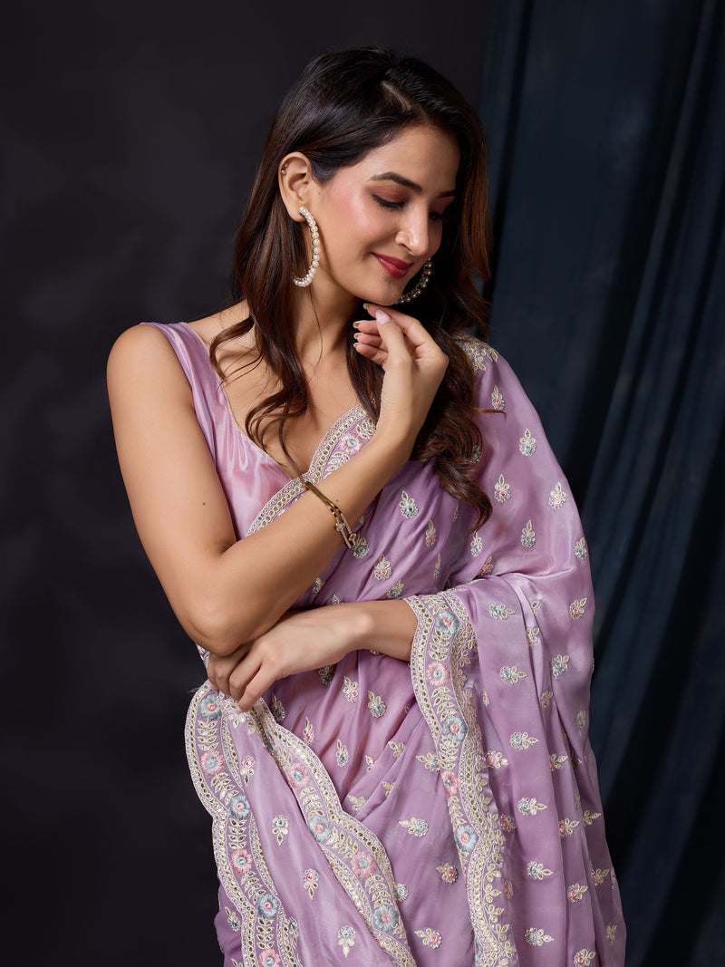 Women Satin Silk Embroidery Work Saree with Blouse Piece