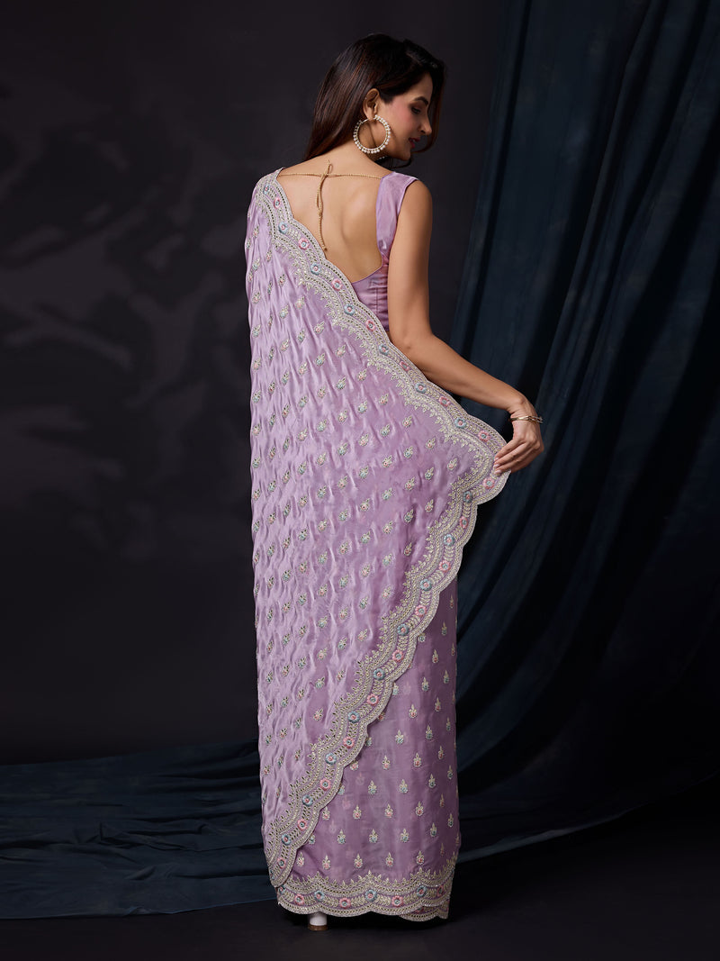 Women Satin Silk Embroidery Work Saree with Blouse Piece