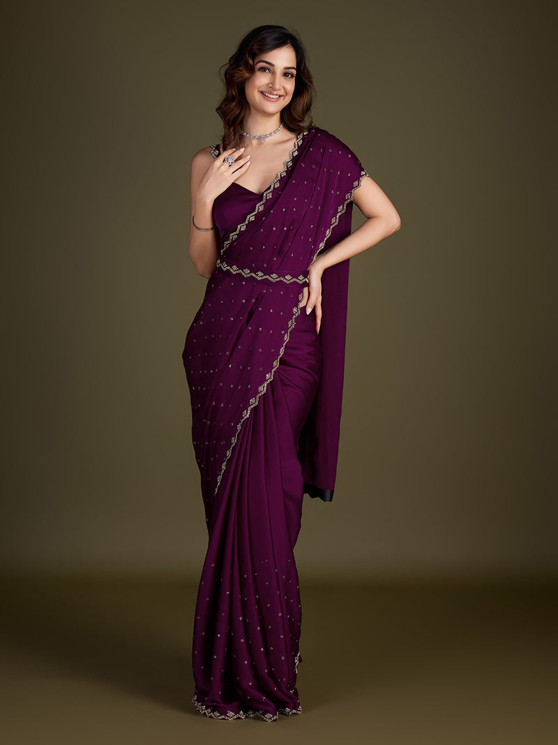 Women's Purple Satin Silk Siroski Zarkan Work Saree with Unstitch Blouse Piece