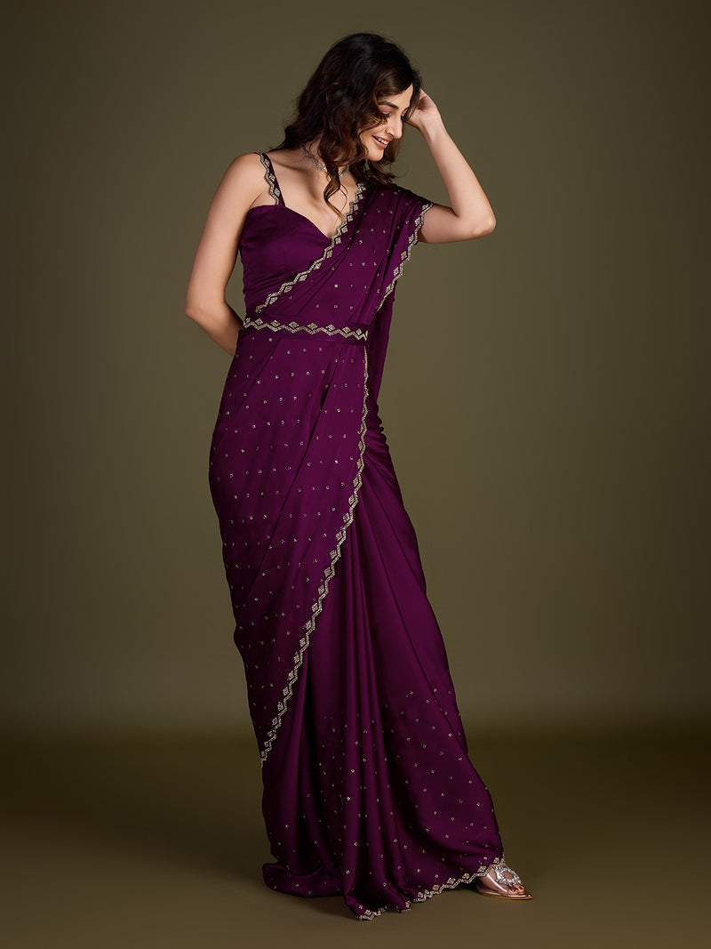 Women's Purple Satin Silk Siroski Zarkan Work Saree with Unstitch Blouse Piece