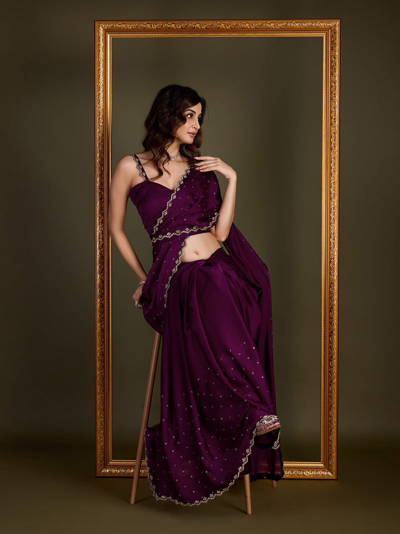 Women's Purple Satin Silk Siroski Zarkan Work Saree with Unstitch Blouse Piece