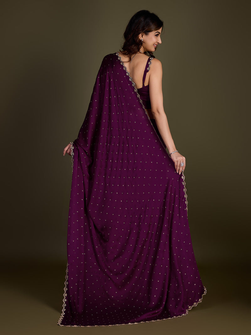 Women's Purple Satin Silk Siroski Zarkan Work Saree with Unstitch Blouse Piece