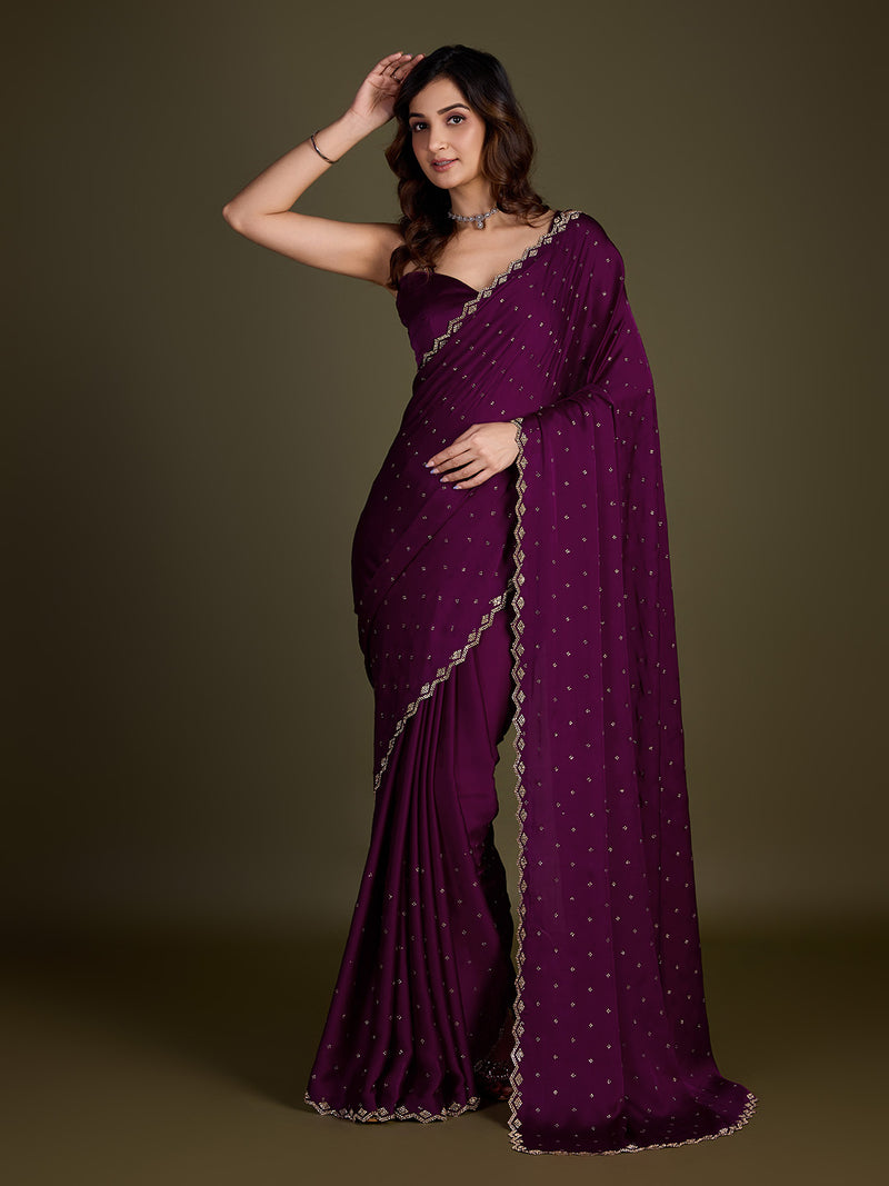 Women's Purple Satin Silk Siroski Zarkan Work Saree with Unstitch Blouse Piece