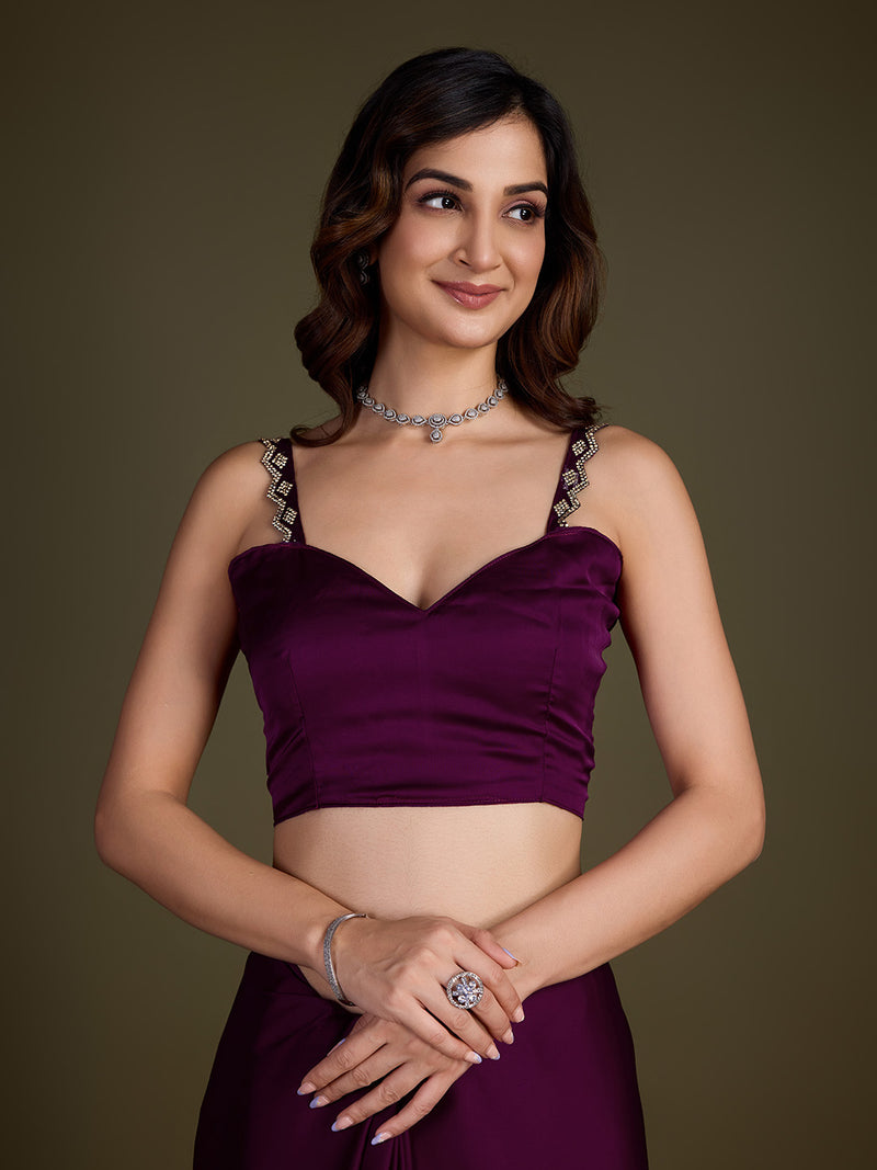 Women's Purple Satin Silk Siroski Zarkan Work Saree with Unstitch Blouse Piece