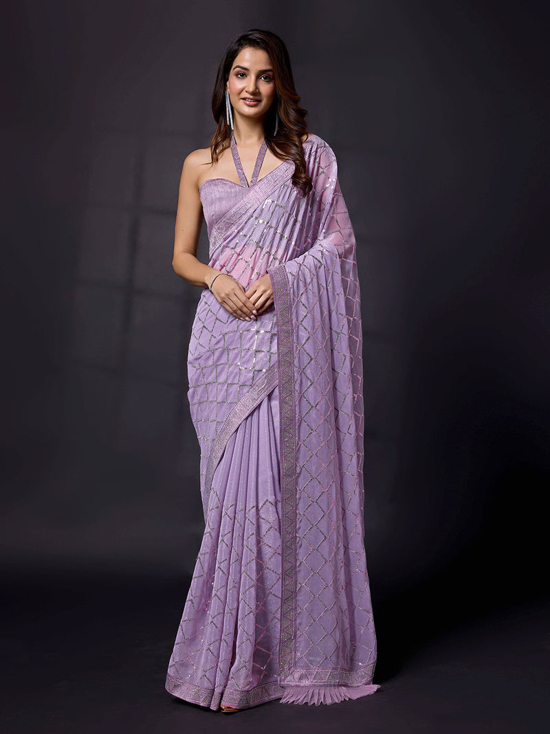 Women's Light Purple Chiffon Sequins Siroski work Saree With Unstitch Blouse Piece