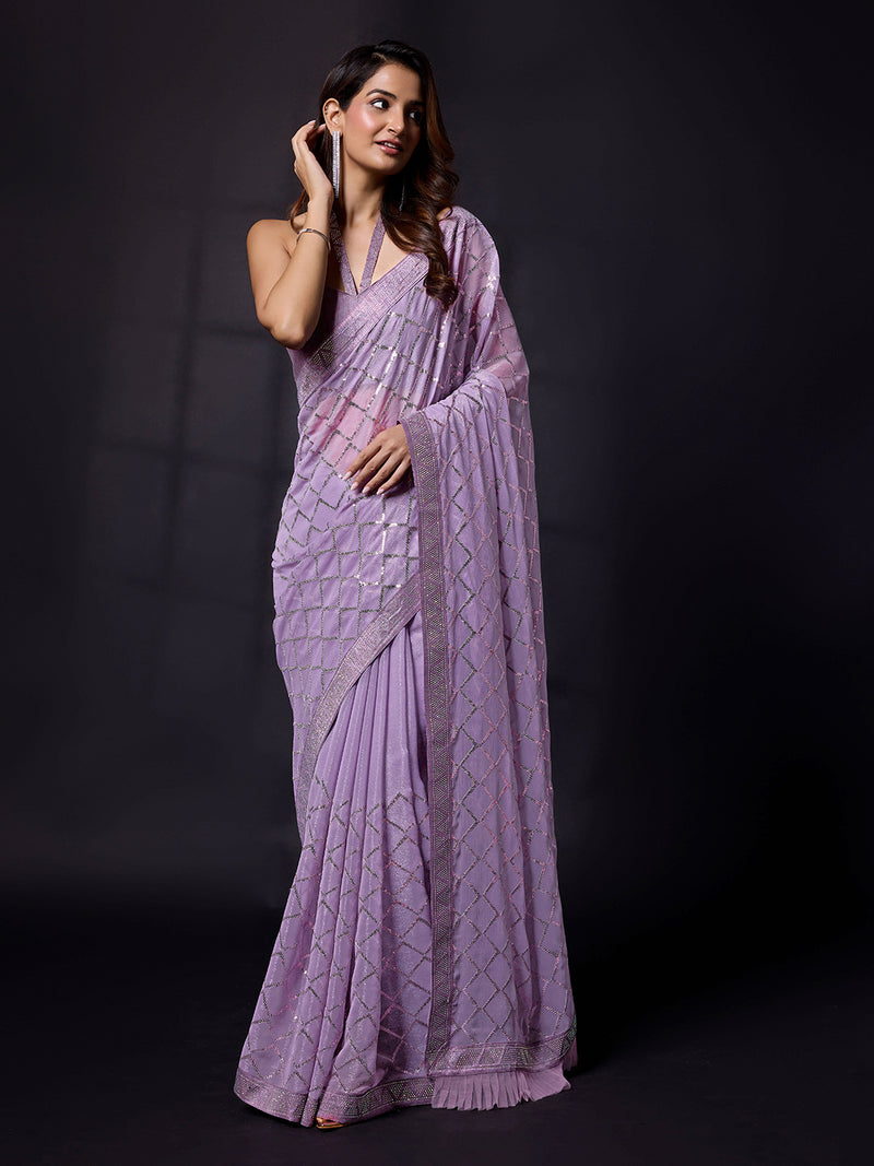 Women's Light Purple Chiffon Sequins Siroski work Saree With Unstitch Blouse Piece