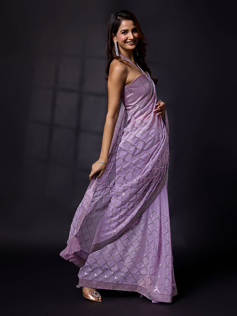 Women's Light Purple Chiffon Sequins Siroski work Saree With Unstitch Blouse Piece