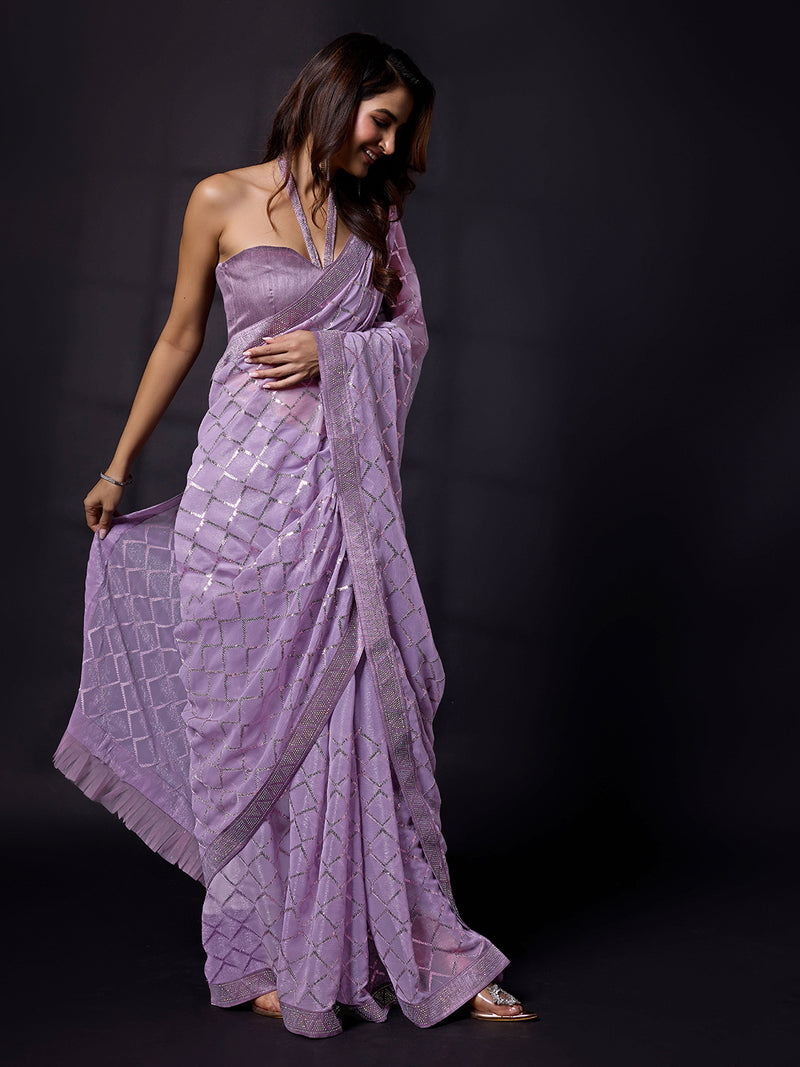 Women's Light Purple Chiffon Sequins Siroski work Saree With Unstitch Blouse Piece