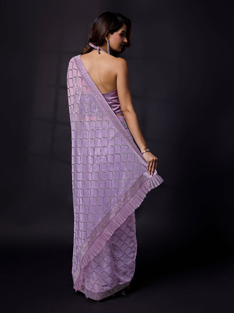 Women's Light Purple Chiffon Sequins Siroski work Saree With Unstitch Blouse Piece
