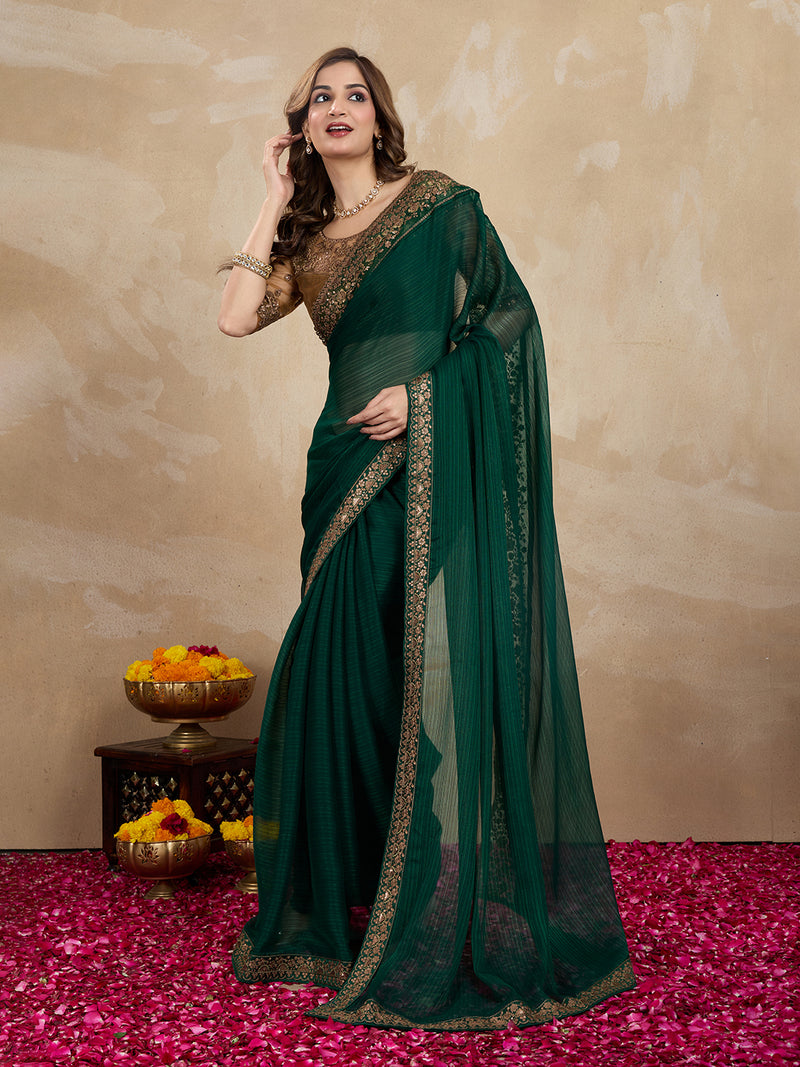 Women's Green Chiffon Embroidered Border Saree with Blouse Piece