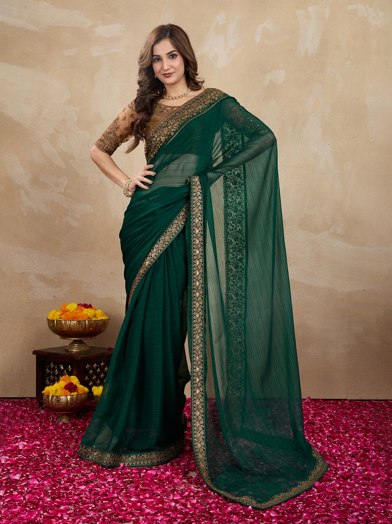 Women's Green Chiffon Embroidered Border Saree with Blouse Piece