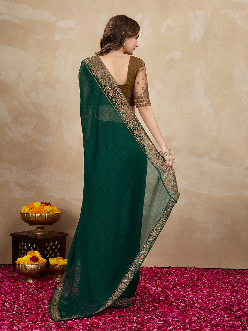 Women's Green Chiffon Embroidered Border Saree with Blouse Piece