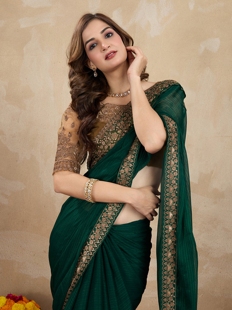 Women's Green Chiffon Embroidered Border Saree with Blouse Piece