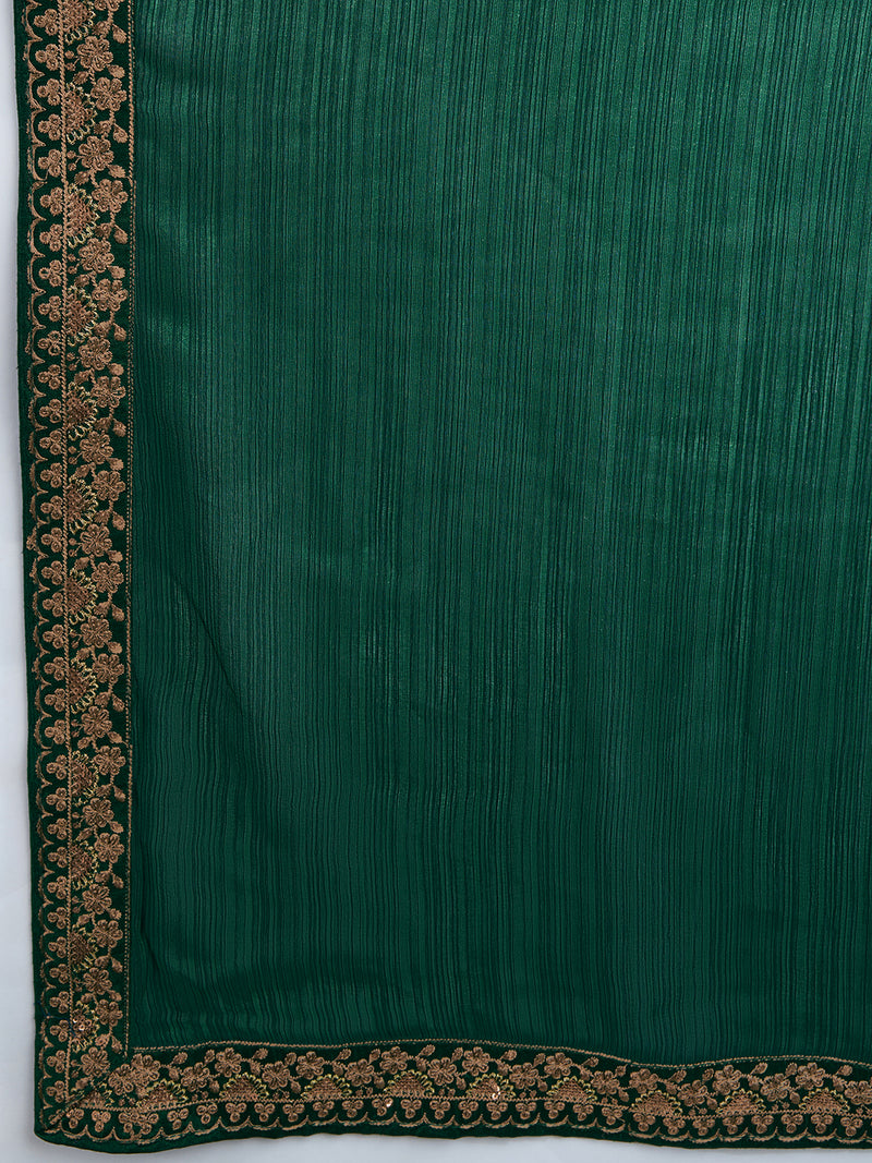 Women's Green Chiffon Embroidered Border Saree with Blouse Piece