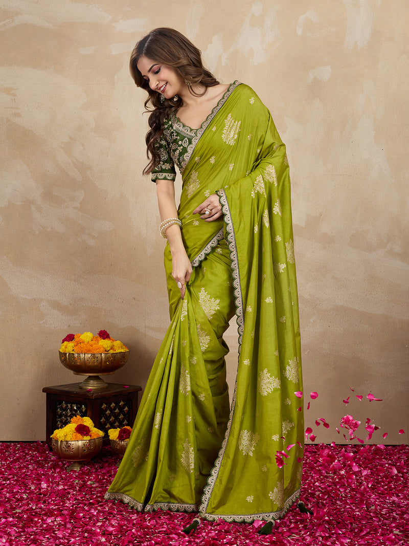 Women's Jacquard Silk Embroidery Zarkan Work Saree with Unstitch Embroidered Blouse Piece