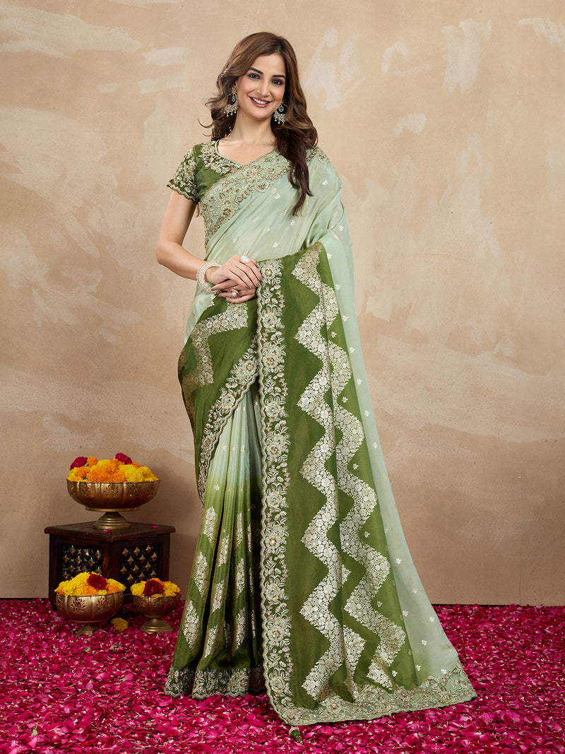 Women's Jacquard Silk Embroidery Zarkan Work Saree with Unstitch Embroidered Blouse Piece