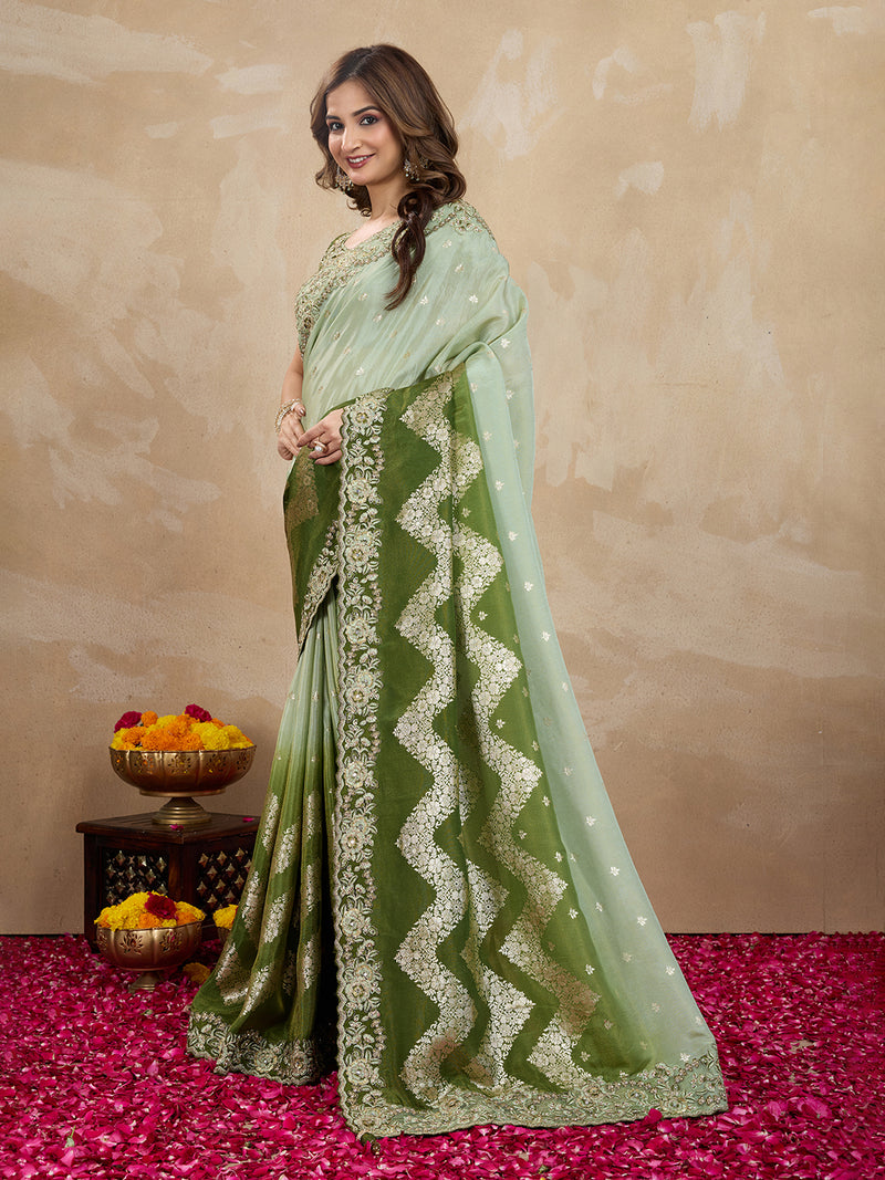 Women's Jacquard Silk Embroidery Zarkan Work Saree with Unstitch Embroidered Blouse Piece