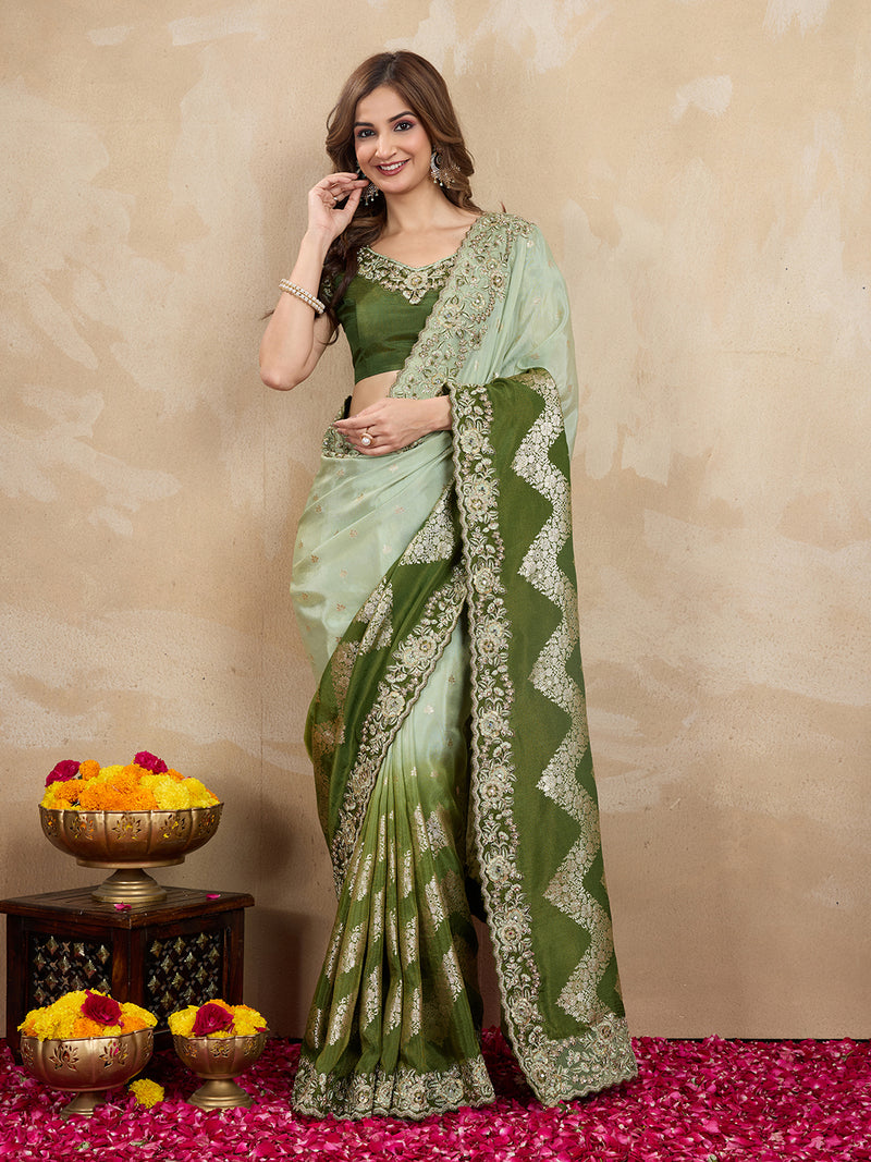 Women's Jacquard Silk Embroidery Zarkan Work Saree with Unstitch Embroidered Blouse Piece