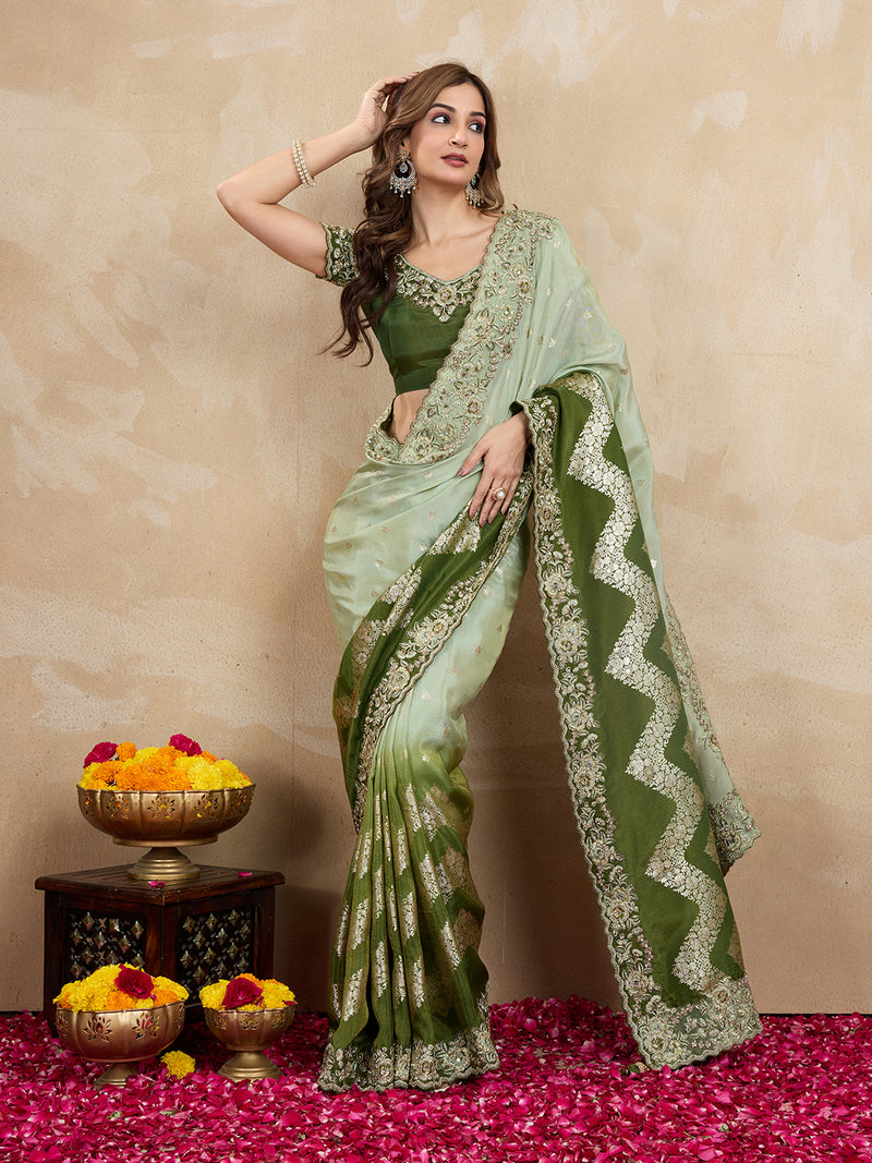 Women's Jacquard Silk Embroidery Zarkan Work Saree with Unstitch Embroidered Blouse Piece