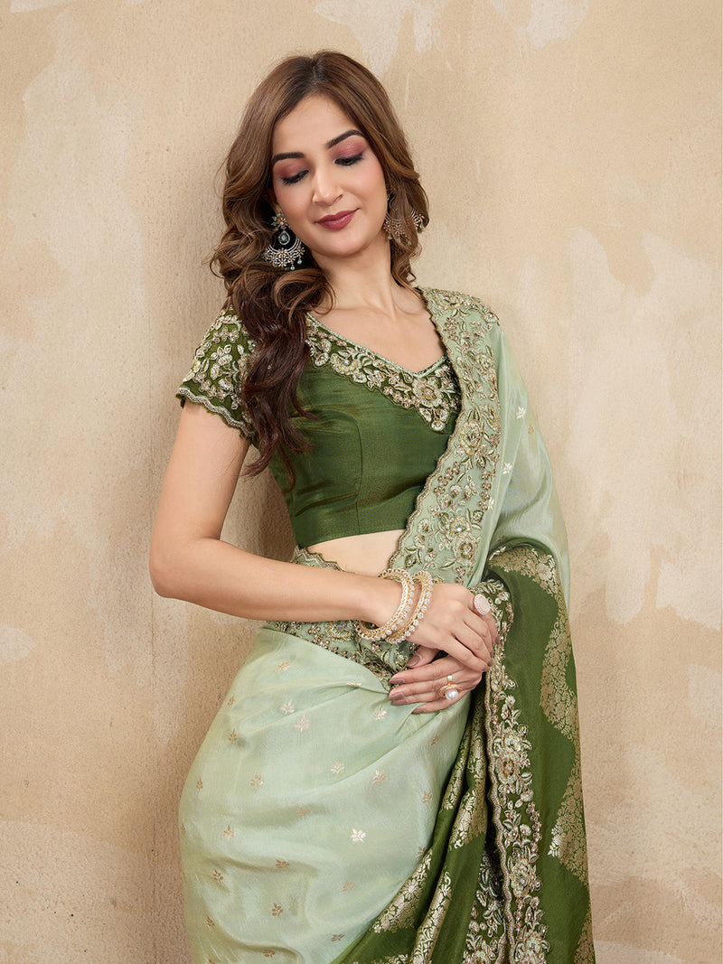 Women's Jacquard Silk Embroidery Zarkan Work Saree with Unstitch Embroidered Blouse Piece