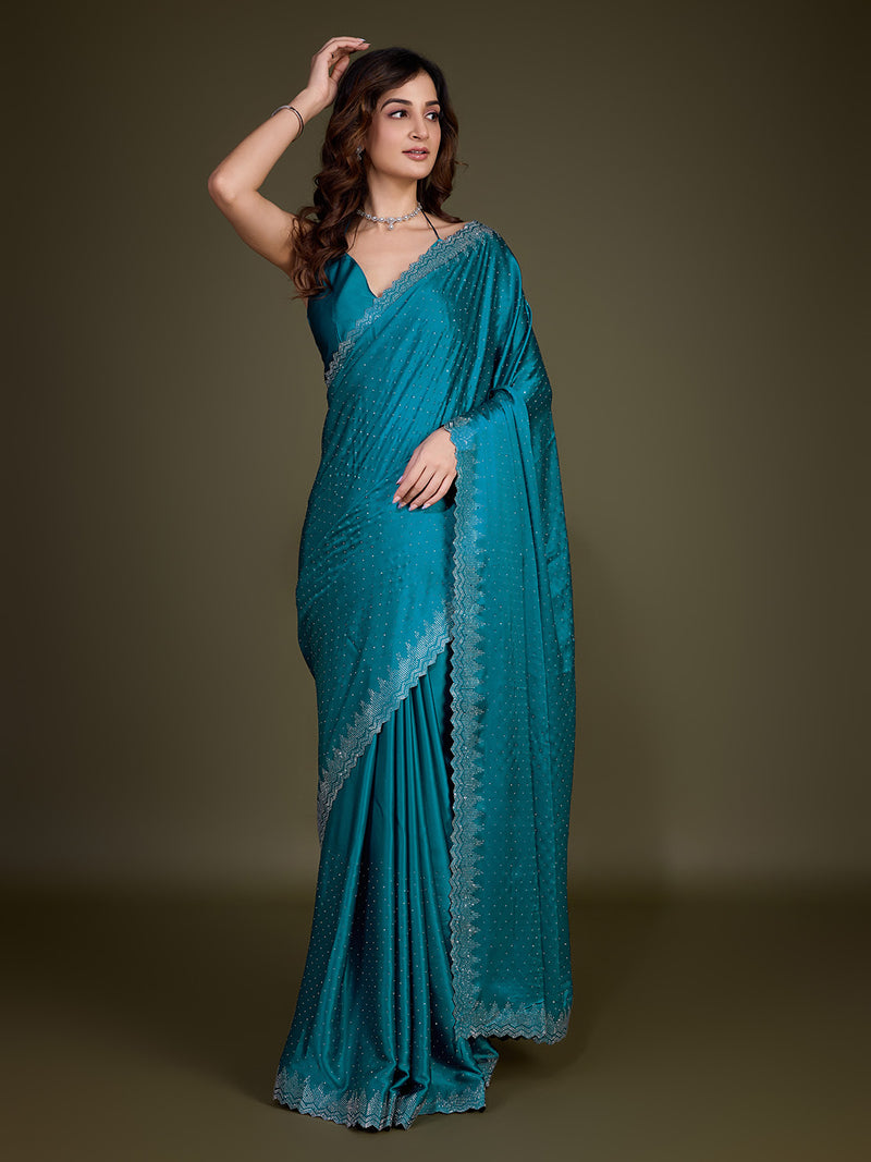 Women's Morpeach Satin Silk Siroski Zarkan Work Saree with Unstitch Blouse Piece