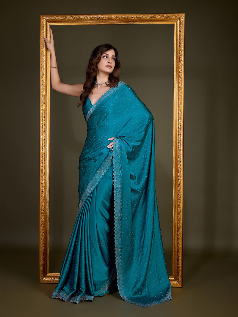 Women's Morpeach Satin Silk Siroski Zarkan Work Saree with Unstitch Blouse Piece