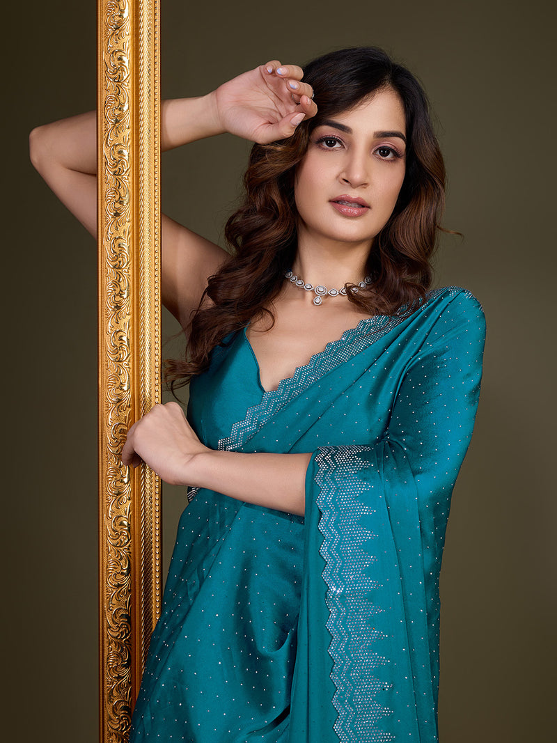 Women's Morpeach Satin Silk Siroski Zarkan Work Saree with Unstitch Blouse Piece