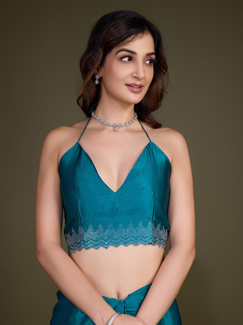 Women's Morpeach Satin Silk Siroski Zarkan Work Saree with Unstitch Blouse Piece