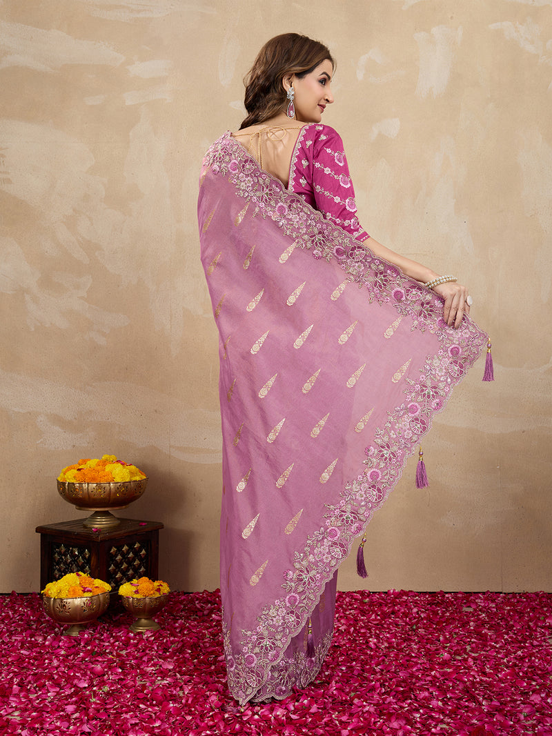 Women's Jacquard Silk Embroidery Zarkan Work Saree with Unstitch Embroidered Blouse Piece