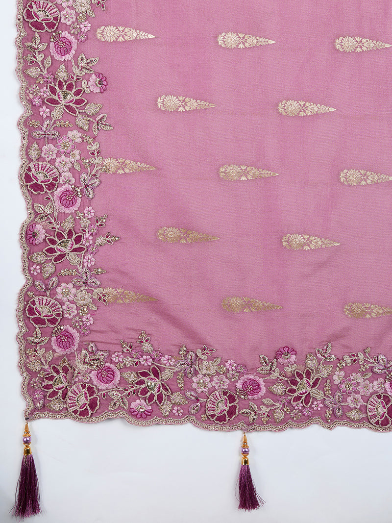 Women's Jacquard Silk Embroidery Zarkan Work Saree with Unstitch Embroidered Blouse Piece