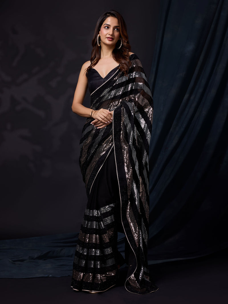 Women's Black Silk Sequins Work Saree with Blouse Piece