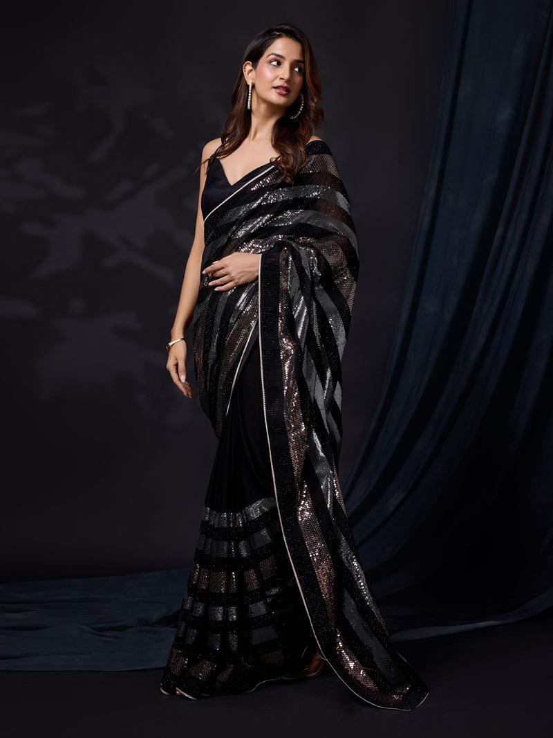 Women's Black Silk Sequins Work Saree with Blouse Piece